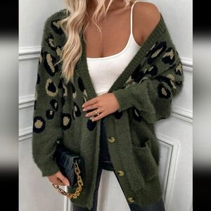 Casual Leopard Print Jacquard Cardigan, Fall & Winter,Long Sleeve Top